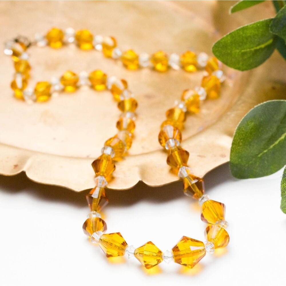 Vintage 1960s Amber Glass Necklace Clear Faceted Crystal Bead Retro Fall Autumn